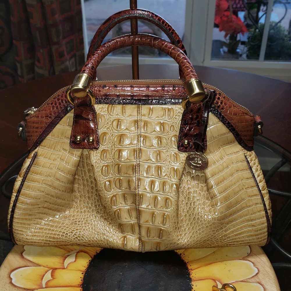 ๐๐ค๐ TRI-COLOR BRAHMIN LISA PRALINE SATCHEL SHOULDER CROC EMBOSSED LEATHER BAG - Picture 3 of 16